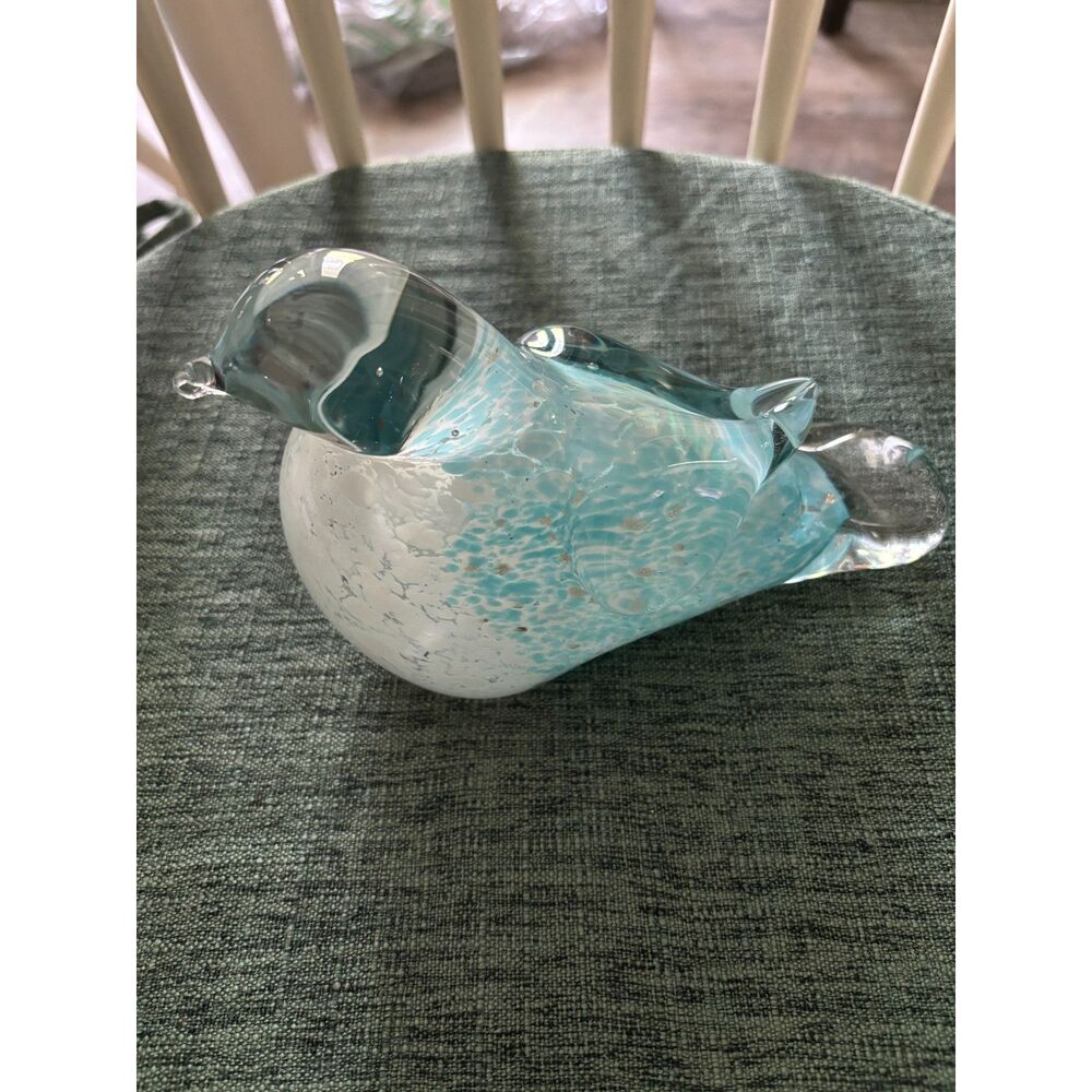Art Glass Hand Blown Bird Figurine Turquoise/White Shimmer Gold Flecks 7.5"